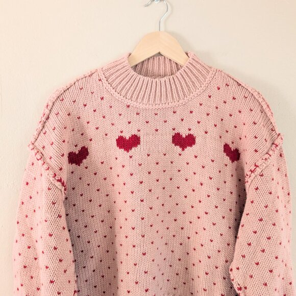 Pink Red Mock Neck Heart Print Oversized Sweater Twee Love - Miou Muse Women's L - Picture 4 of 16